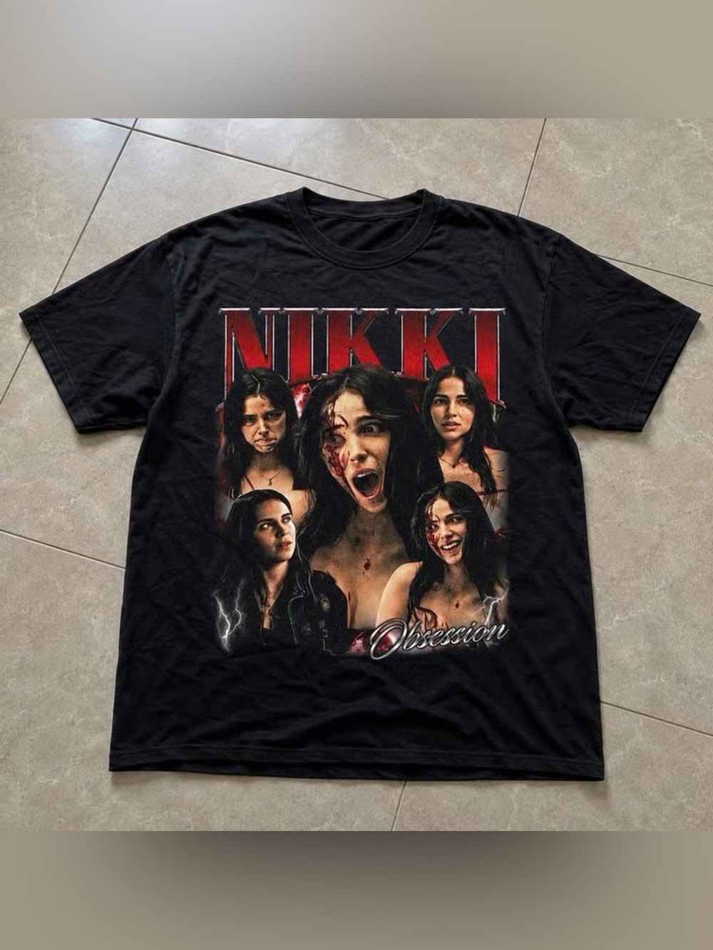 Retro Nikki Obsession Graphic Tee - Black with Red Print